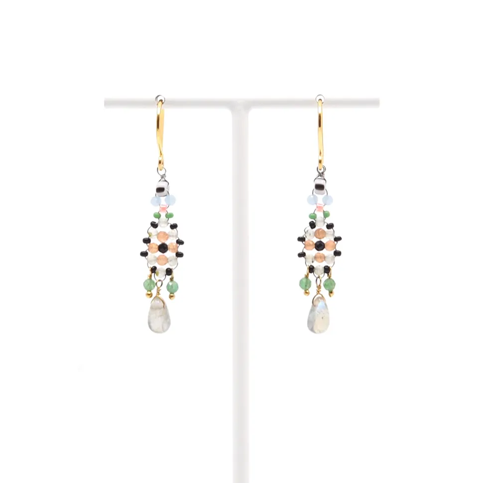 AX – oorbellen met labradoriet, kwarts en glasparels