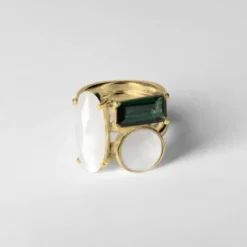 Lore Van Keer – credo ring met spinel toermalijn, parelmoer en witte maansteen zilver verguld