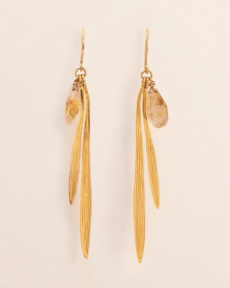 Wouters&Hendrix – oorbellen met bamboo blaadjes en rutielkwarts