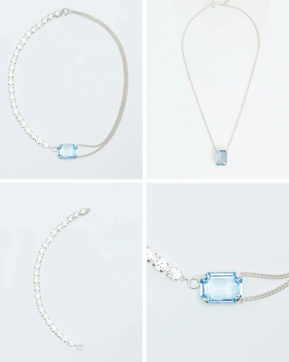 Wouters&Hendrix – statement ketting met aquamarijn kristal en kristallen