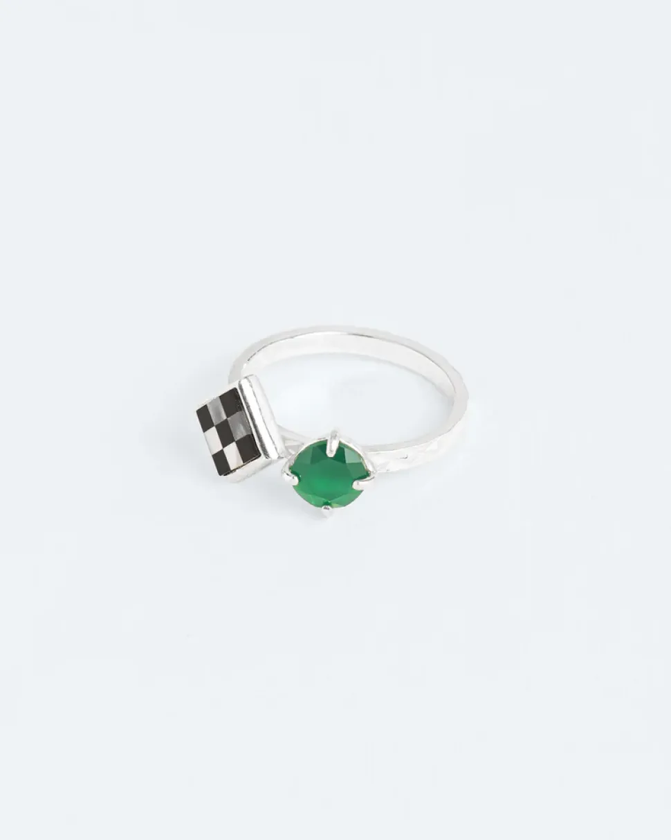 Wouters&Hendrix – textured ring met onyx en parelmoer mosaïc en groene agaat