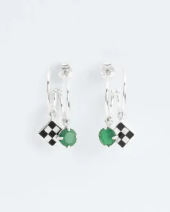 Wouters&Hendrix – trompe l’oeil oorbellen met onyx en parelmoer mozaïek en groene agaat